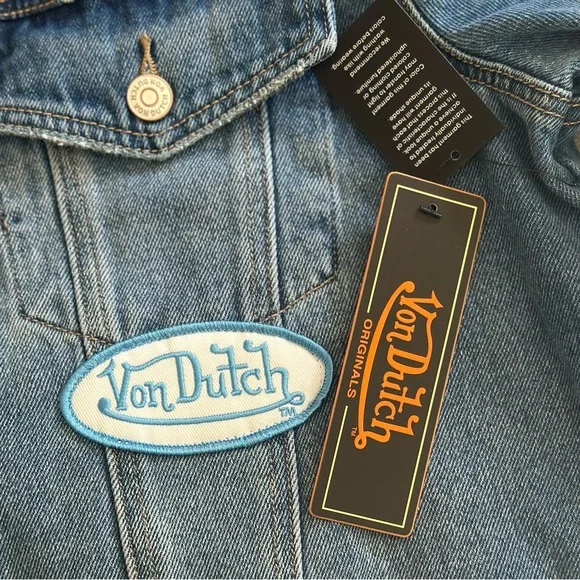 Von Dutch Denim Trucker Jacket Viral Button Up Patches Graphic Print Y2K Indie L - Picture 10 of 12